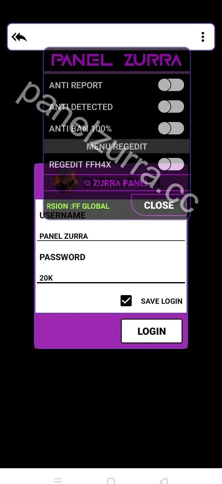 Screenshot of Panel Zurra Game Cheat Injector